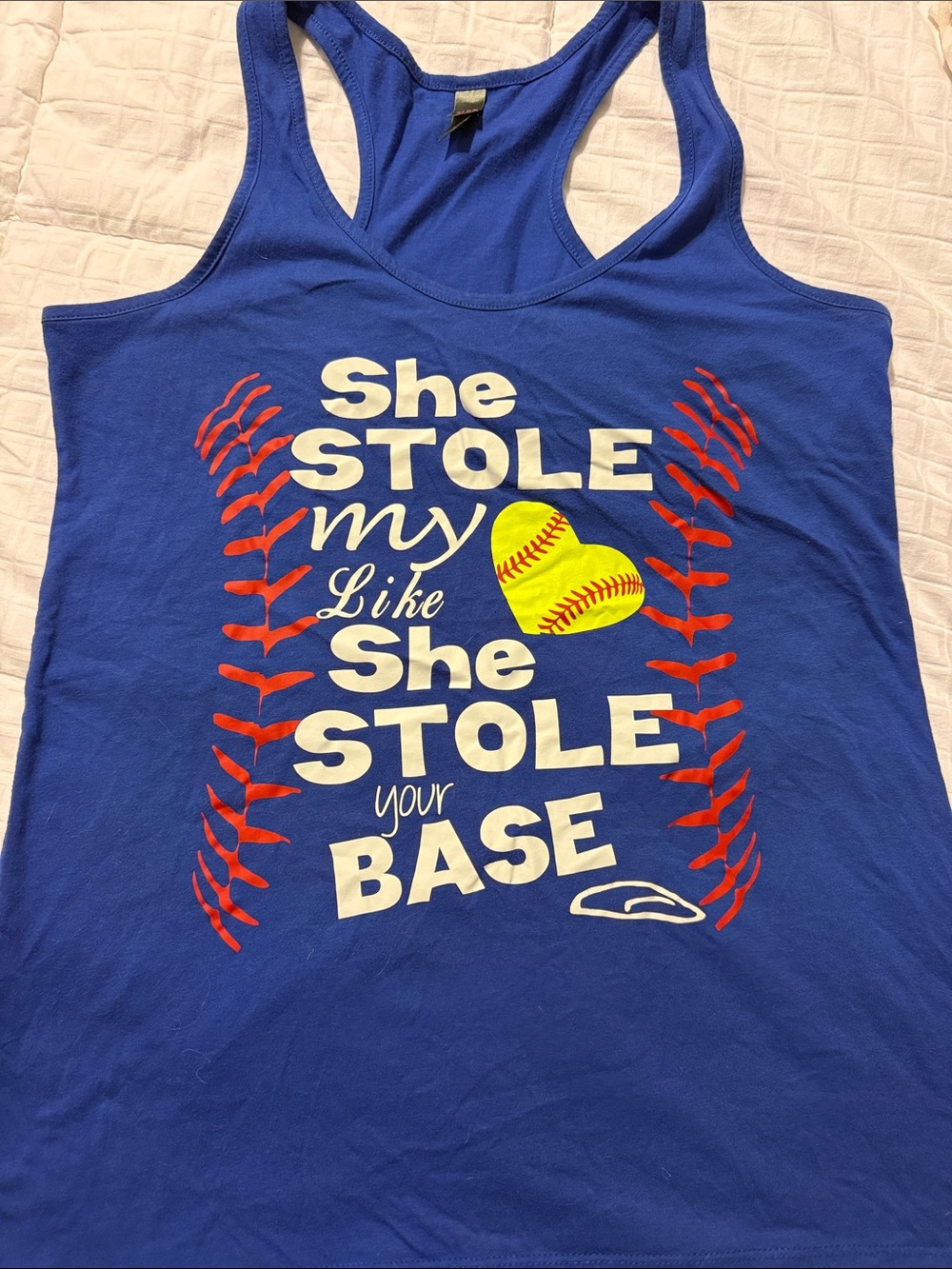 District Blue Racerback Tank with White, Red and Yellow Softball Graphic